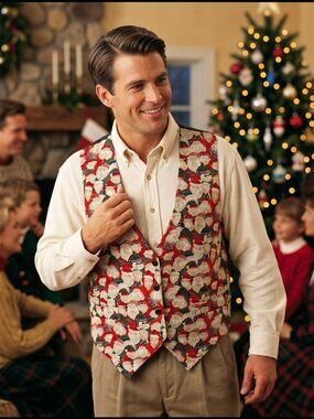 111 Main Mens L XL Vest Red Cotton Santa Print Waistcoat Statement Vintage Camp